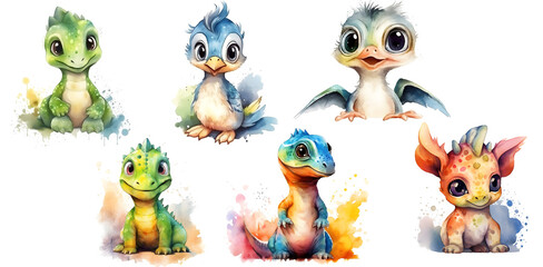 Fototapeta premium cute baby dinosaurs in watercolors, generated ai