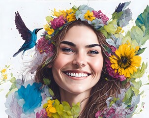 smiling girl with flowers and birds in her hair isolated on white background