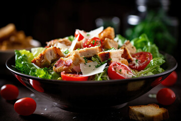 Fresh Caesar salad with rich toppings, presented appealingly - obrazy, fototapety, plakaty