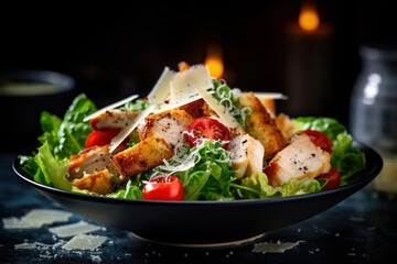Tasty chicken Caesar salad featuring Parmesan cheese, tomatoes, croutons, and creamy dressing - obrazy, fototapety, plakaty