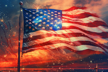 Fourth of July Celebration Usa Flag And Fireworks At Sunset, Independence Day, fireworks on the background of the American flag, - obrazy, fototapety, plakaty