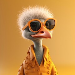 Obraz premium 3D cartoon ostrich portrait wearing clothes, standing in front, studio lights, generative ai