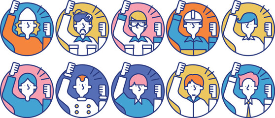 多種多様な職業の男性が応援をしているシンプルなアイコンセットA（円形）