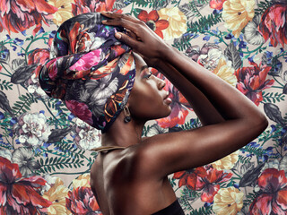 Fashion, beauty and black woman with scarf on flower background with glamour, cosmetics and makeup....
