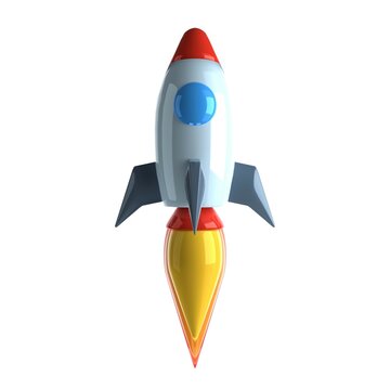 Spaceship 3D render isolated on white background. Rocket upswing on space minimal style. Business concept.