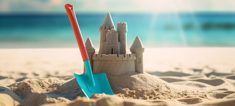 Landscape summer vacation holiday travel ocean sea background panorama - Close up of sand castle and sand shovel on the beach, sunshine (Generative Ai)