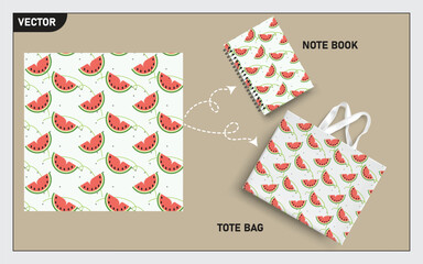 mockup tote bag and note book with slice of watermelon fruits, leaf seamless pattern.