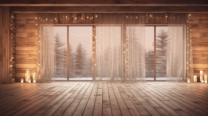 Empty wooden room in front of winter holiday background. Generative AI