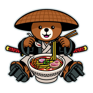 Bear Samurai Character Eating Ramen Noodle