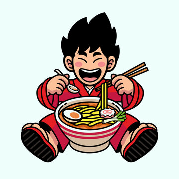 Cheerful Japanese boy eating Ramen Noodle