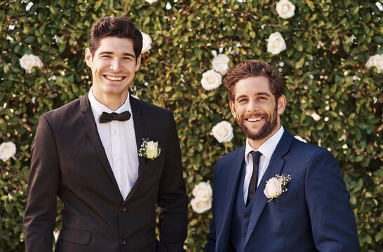 Groom, best man and wedding portrait outdoor with smile and happiness in nature. Happy men together in garden for formal celebration event with elegant clothes, suit and friends on green background