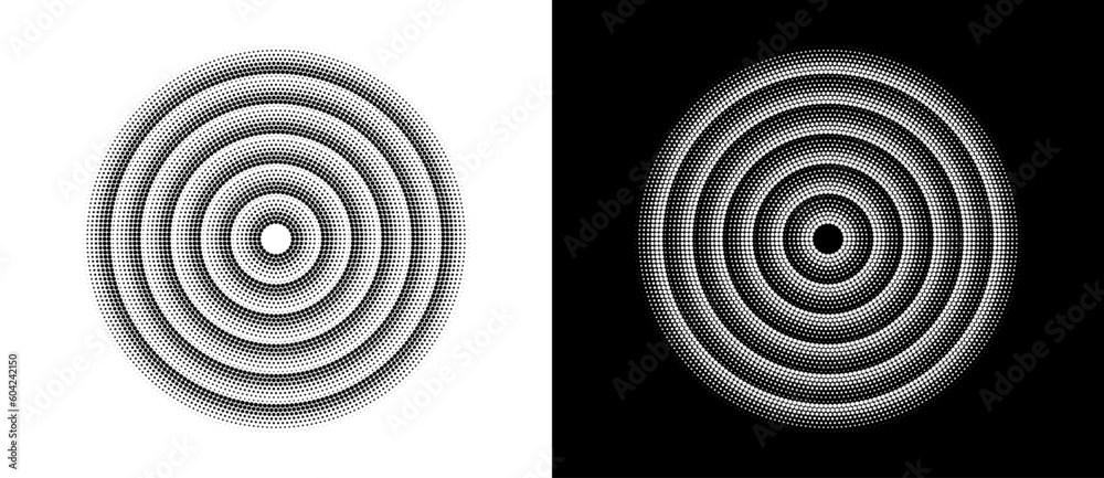 Poster abstract halftone dotted circles advertising background. ripple optical illusion effect. black shape