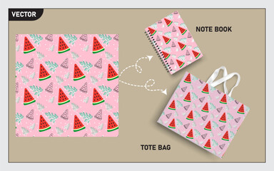 mockup tote bag and note book with slice of watermelon fruits, leaf seamless pattern.