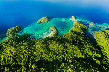 Fototapeta na wymiar Island, nature and drone view of freedom, travel and explore, travel and trip with zen. Tropical, water and location for tourism, peace and beautiful scenery, earth and summer in Fiji from above