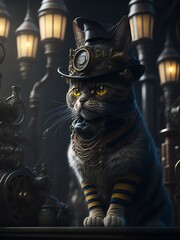 steampunk, octane render, hyper realistic cat