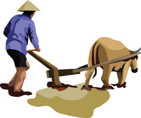Traditional Indonesian Farmer Plowing Field Vector