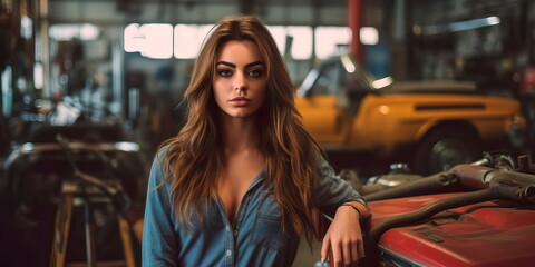 Beautiful woman working , Young car repair worker , service concept. Generative ai