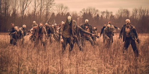 Fantasy scene hroup of zombie walking. Halloween concept Generative AI