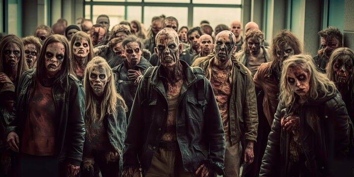 Fantasy scene hroup of zombie walking. Halloween concept Generative AI