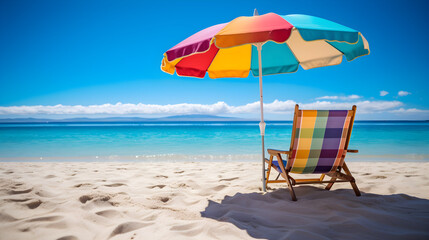  vibrant colors of a beach umbrella and beach chair set up on a sandy shore, with the clear blue ocean in the background