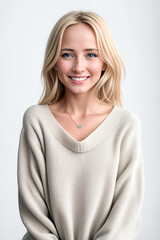Obraz premium Grown Woman in a white sweater on a white background. Generative AI