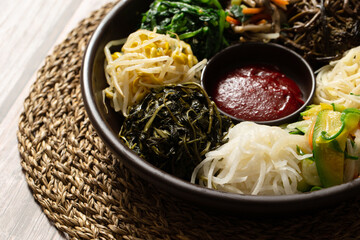 Ingredients for bibimbap, red pepper paste and various vegetables