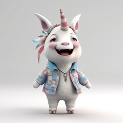 3D cartoon unicorn portrait wearing clothes, standing in front, studio lights, generative ai