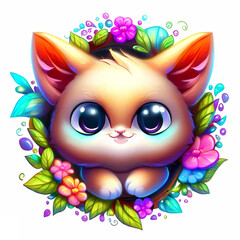 Fototapeta premium 3d illustration cute cat with floral frame, cartoon, adorable, cat with flowers with generative ai