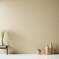 Artistic interior still life. minimal decor concept. Empty beige wall background. Generative Ai