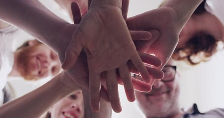 Hands, collaboration and solidarity with a business team outdoor from below in a huddle together. Palm, teamwork and unity with a group of people standing in a circle for community, trust or support