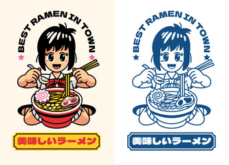 Set Cute Chibi Japanese Girl Logo Eats Ramen Noodle with Japanese text means Delicious Ramen