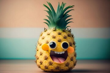Cheerful Pineapple Cartoon Character with a Smiling Face. AI