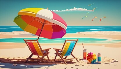 Chairs and umbrella on the beach on island vacation holiday.Generative AI.