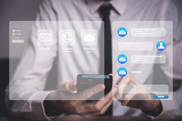 close up man hand use smartphone to contact provider and talk with ai chatbot software program for business marketing concept