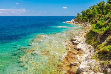 Sea coast panorama of Thassos in Greece, Europe. Summer Thasos island