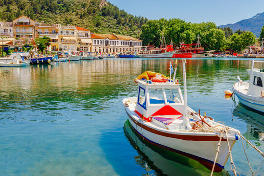 Sea, traditional Greek boat in Limenas, Thassos island, Greece, Europe