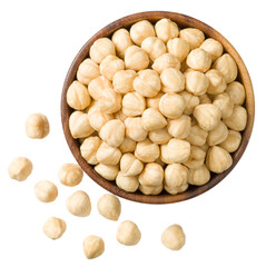 Hazelnuts in the wooden bowl, isolated on the white background, top view.