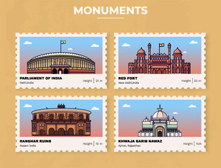 Fototapeta premium Pack of Monuments-Parliament of India, Red Fort, Ranghar Ruins, Khawaja Garib Nawaz Postage Stamp Ticket design with information-vector illustration design