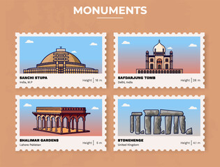 Naklejka premium Pack of Monuments-Sanchi Stupa, Safdarjung Tomb, Shalimar Gardens, Stonehenge Postage Stamp Ticket design with information-vector illustration design