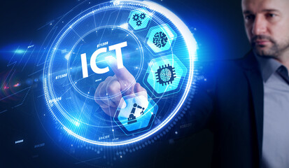 ICT Information communication technology internet concept on virtual screen.