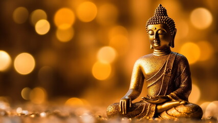 Obraz premium Golden buddha statue on golden background with blurred stardust with Generative AI. 