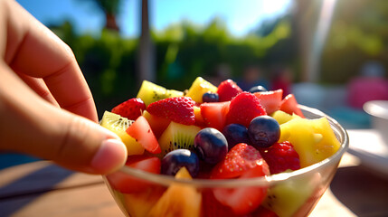 Hands holding a vibrant fruit salad against a backdrop of a sunny picnic table, 