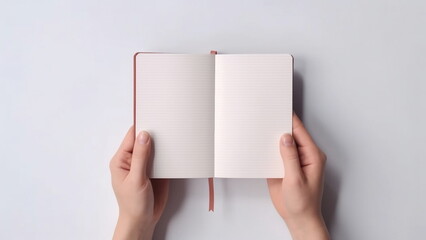 Hands of a woman with a notebook mock up minimalism on white background with Generative AI.