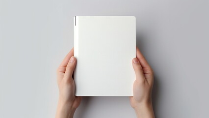 Hands of a woman with a notebook mock up minimalism on white background with Generative AI.