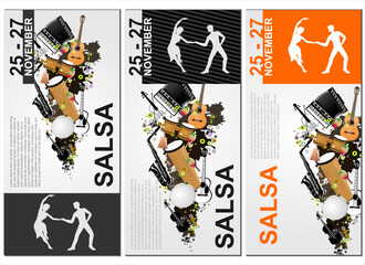 The salsa party poster. The vector background of salsa dance. The salsa sport banner. Advertisement of the salsa dance. The social dance.