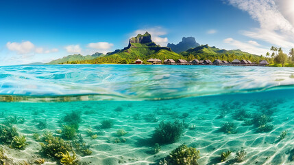 Fototapeta na wymiar Tropical beach panorama as background Bora Bora. 