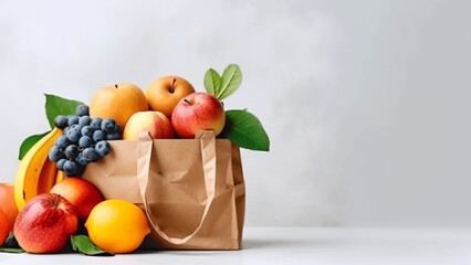 Healthy vegan vegetarian food in paper bag fruits on white with Generative AI.
