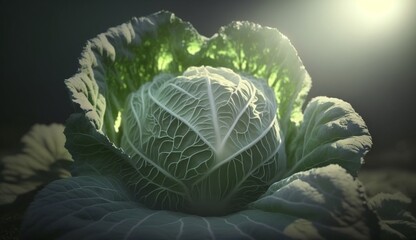 Obraz premium A head of appetizing cabbage is illuminated .Generative AI.