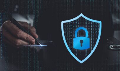 User authentication system with username and password, cybersecurity concept,global network security technology, business people protect personal information. cybersecurity concept