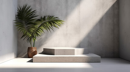 two square geometric design step concrete podium in sunlight. Generative AI